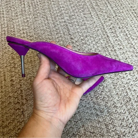 Zara Slip On Leather Kitten Heel Mule Fuchsia size 6.5 - Picture 4 of 7